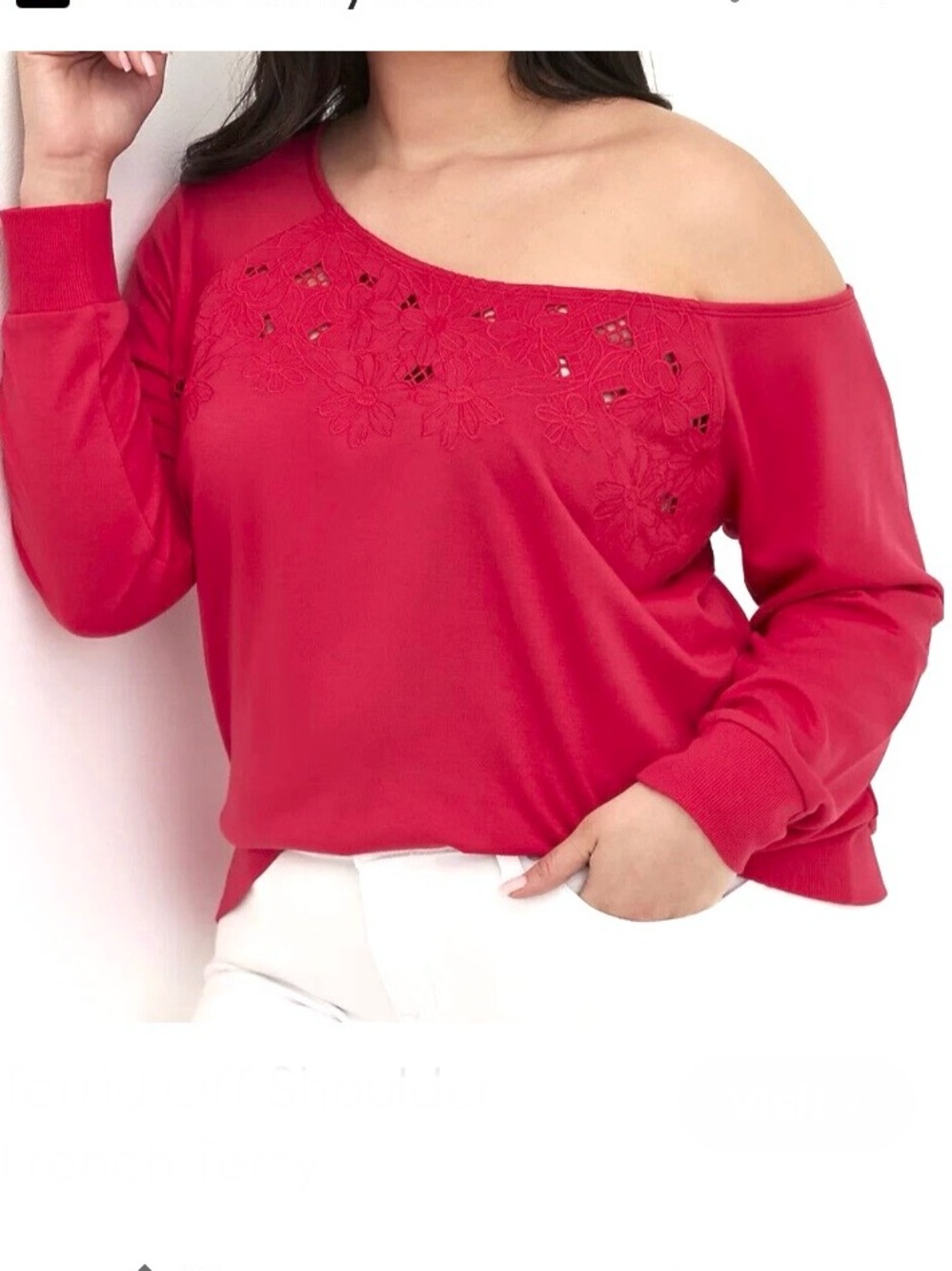 Torrid Women’s Bright Pink Floral Laser-Cut Long Sleeve Off the Shoulder Top